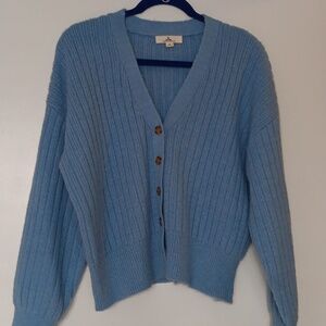 Anna Sui Light Blue Ribbed V-Neck Button Cardigan